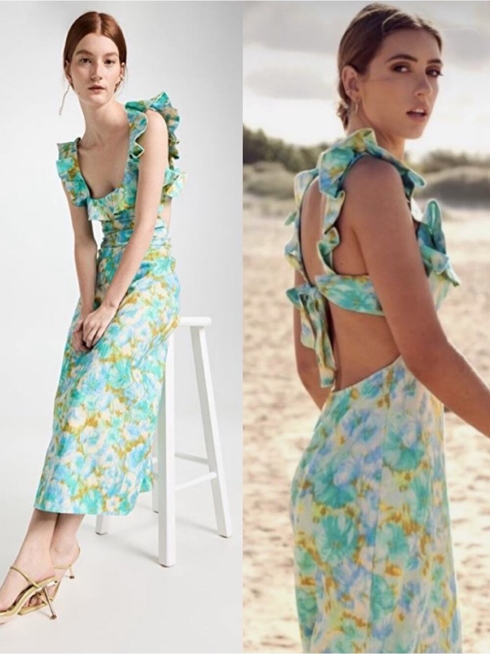 Zimmerman High Tide Floral Ruffle Back Cutout Green Blue Midi Dress Size 10